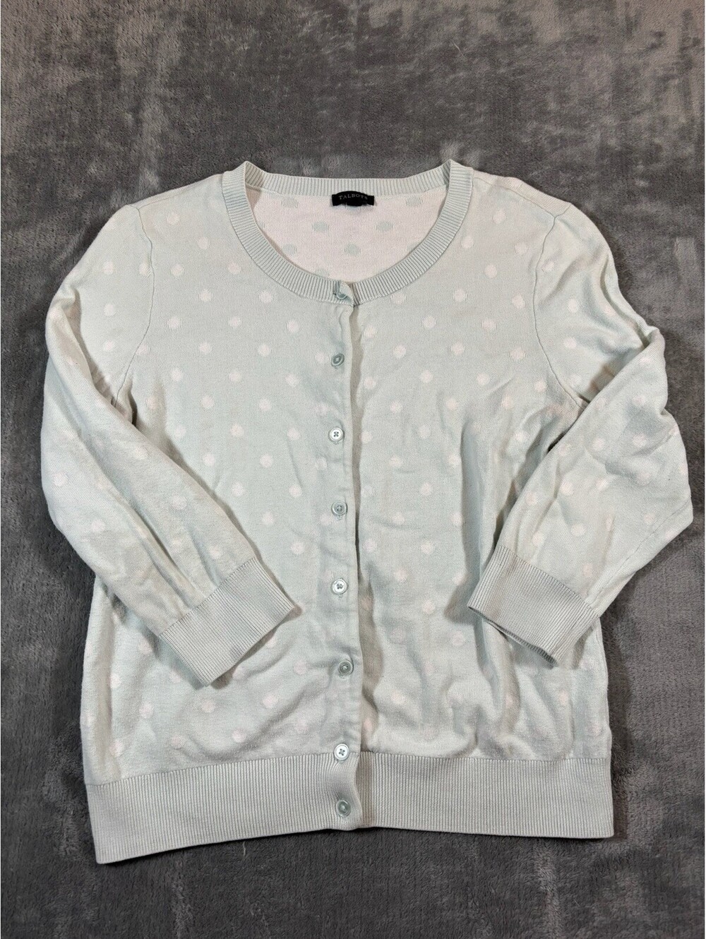 Talbots Cardigan Sweater Size Small Aqua Blue Polka Dot 3/4 Sleeve Cotton/Rayon